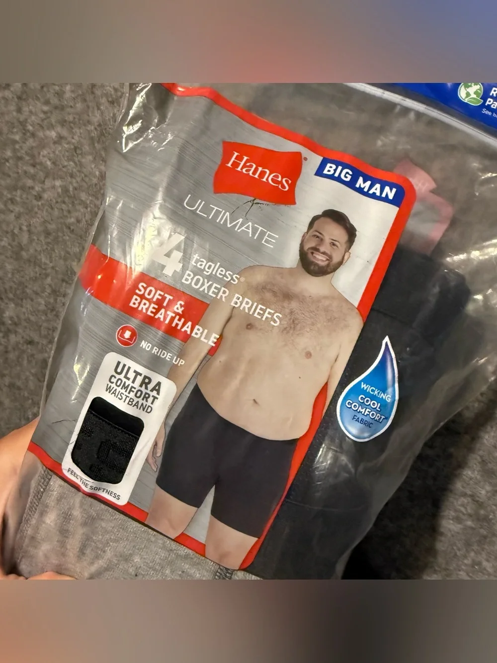 Hanes 4 Pack Tagless Boxer Briefs Mens 4XB Big Man 56-58 gray black Wicking Soft